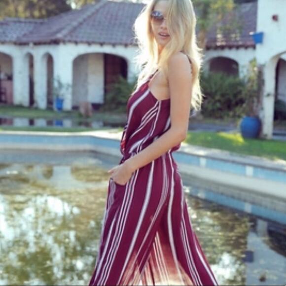 Flynn Skye Burgundy Stripe Wrap Spaghetti Boho Wide Leg Jumpsuit XS - Picture 2 of 12